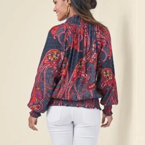 Venus Peasant Boho L Blouse Smocked Top Paisley Colorful Western Americana - Picture 3 of 10